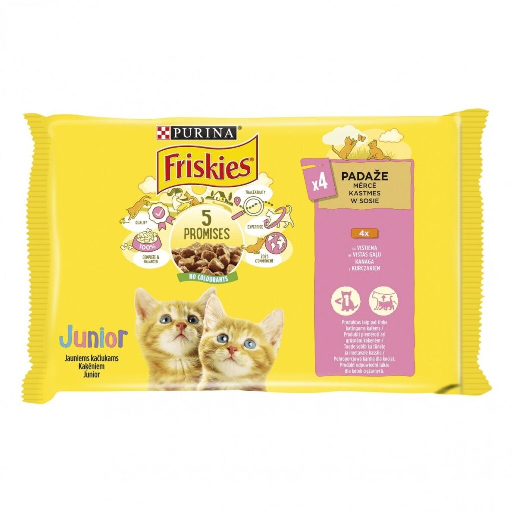 FRISKIES Junior konservuotas kačių ėdalas su vištiena, 4x85g