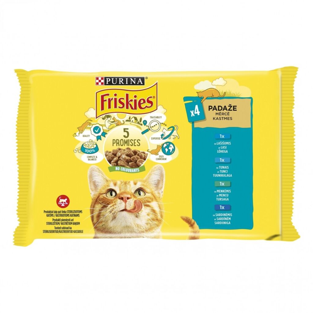 FRISKIES konservuotas kačių ėdalas su lašiša,tunais ir menkėmis, 4x85g