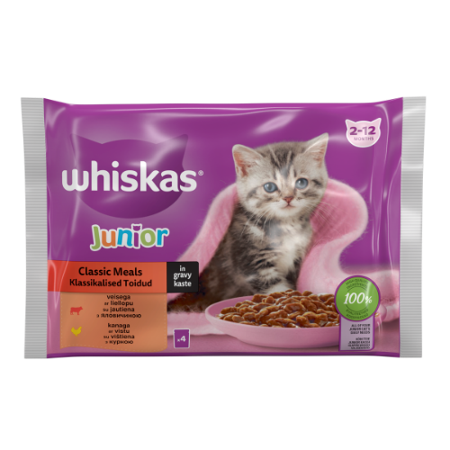 Konservuotas ėdalas kačiukams WHISKAS Junior, mėsos rinkinys, 4 x 85 g