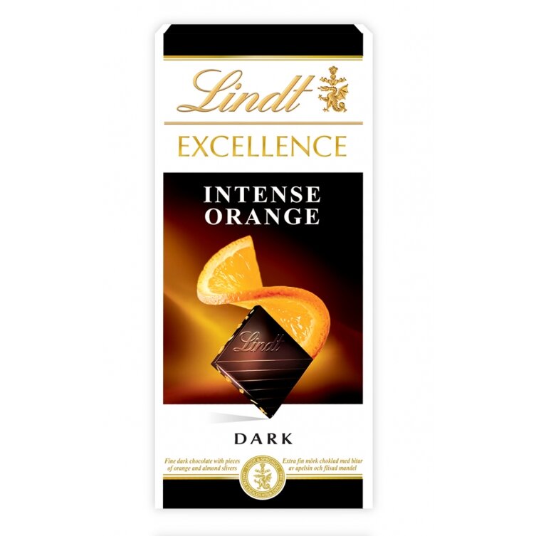 LINDT EXCELLENCE juodasis šokoladas su apelsinais, migdolais, 100g