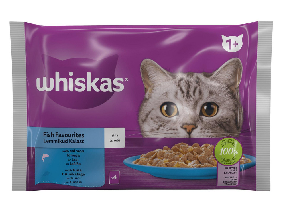 Konservuotas suaugusių kačių ėdalas WHISKAS, lašišos ir tuno rinkinys,4 x 85g